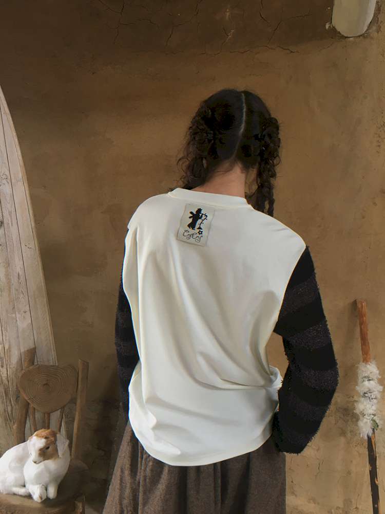 Striped Patchwork Pony Print T-Shirt【s0000014899】