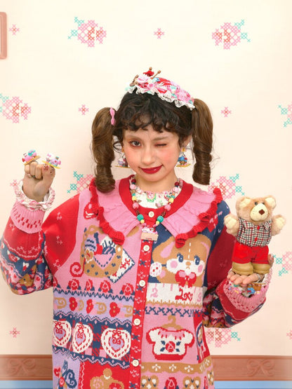 Red Navy Blue Jacquard Cardigan【s0000015570】