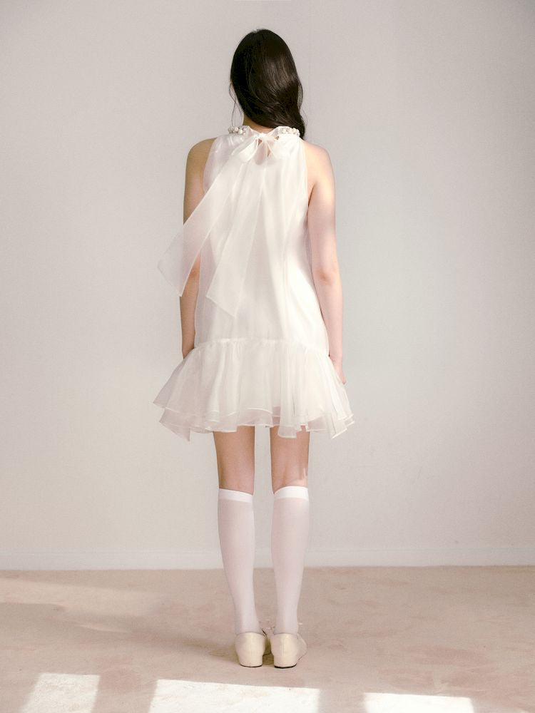 Bow Pearl Neckline Pom Pom Dress【s0000013243】