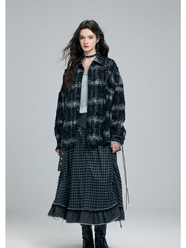 Plaid Strap Torn Long-Sleeved Shirt【s0000016258】