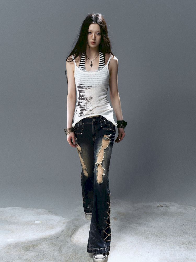 No-wash slim-fit ripped low-rise jeans【s0000012805】