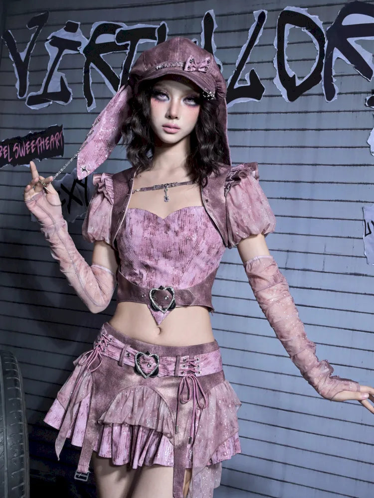 Puff Sleeve Heart-Print Strapless Two-Piece Top【s0000014027】