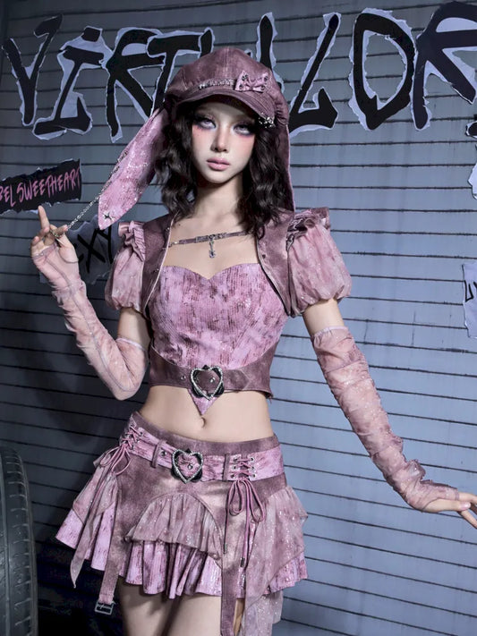 Puff Sleeve Heart-Print Strapless Two-Piece Top【s0000014027】