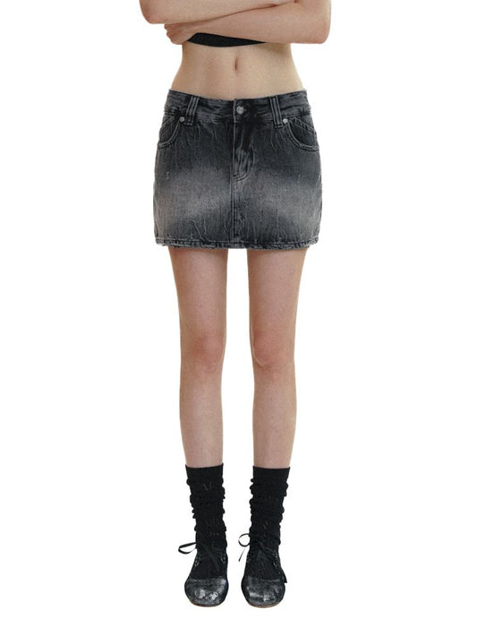 Gradient Spray Horsebit Worn Tie Flower Denim Short Skirt【s0000008682】