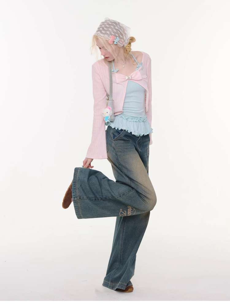 Cat Printed Straight Wide Jeans【s0000015431】