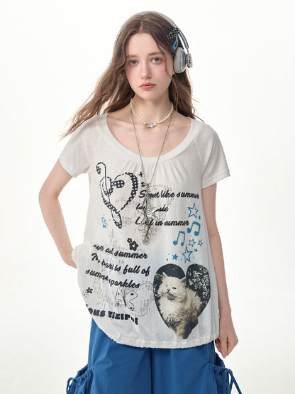 Summer Cat Print Short Sleeve T Shirt【s0000017255】