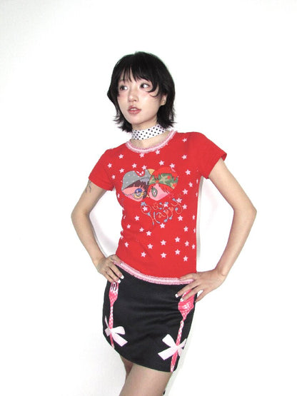 Lace Cotton Mini Print Short Top【s0000018656】