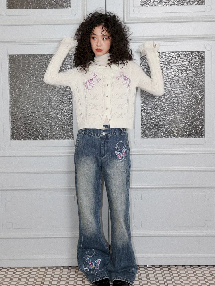 Butterfly Embroidered Slightly Flared Jeans【s0000013987】