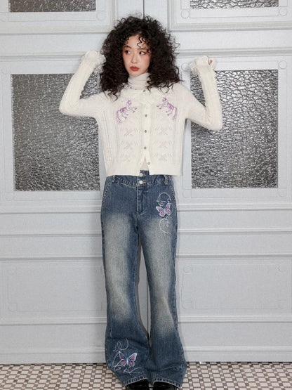 Butterfly Embroidered Slightly Flared Jeans【s0000013987】
