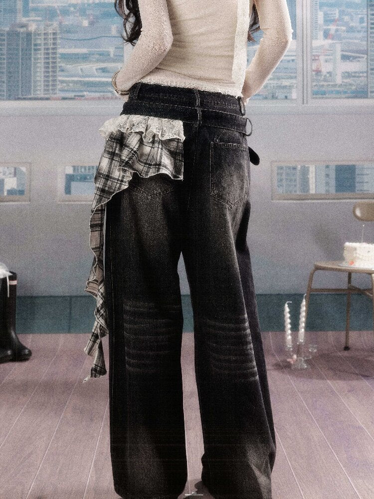 Plaid Ruffled Wide Leg Jeans【s0000016268】