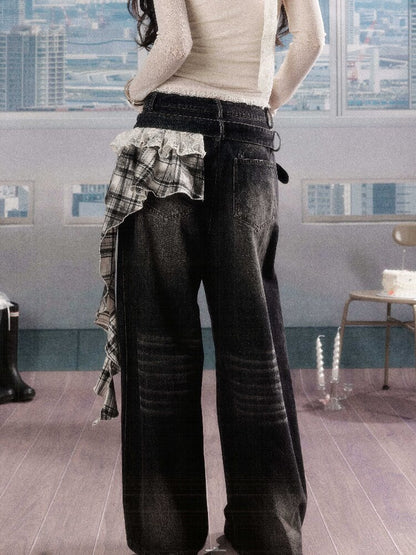 Plaid Ruffled Wide Leg Jeans【s0000016268】