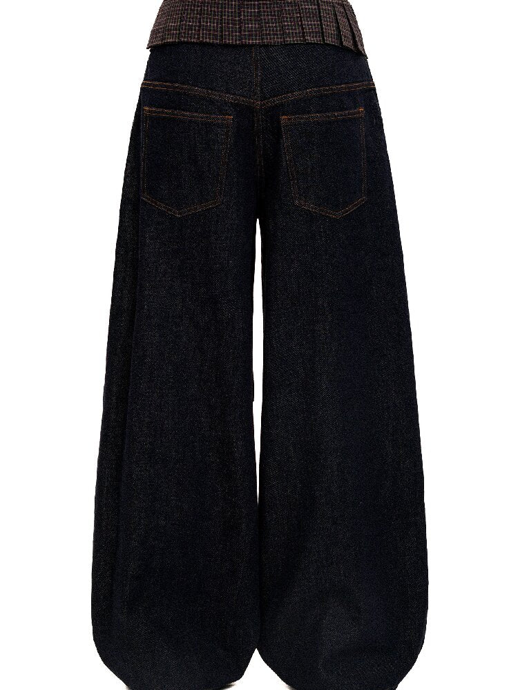 Pleated Plaid Straight Leg Jeans【s0000017912】