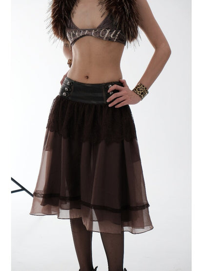 Vintage PU Leather Mesh Umbrella Skirt【s0000018474】
