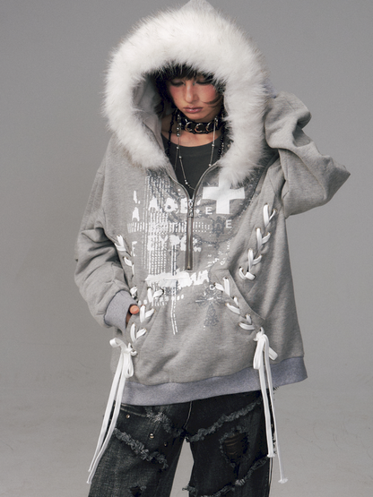 Tie-Front Printed Half-Zip Hoodie【s0000014452】