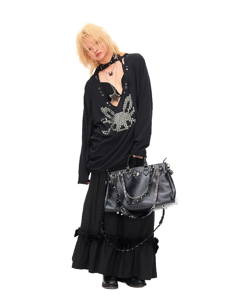 Studded Rabbit Skull Pleated Top【s0000016489】