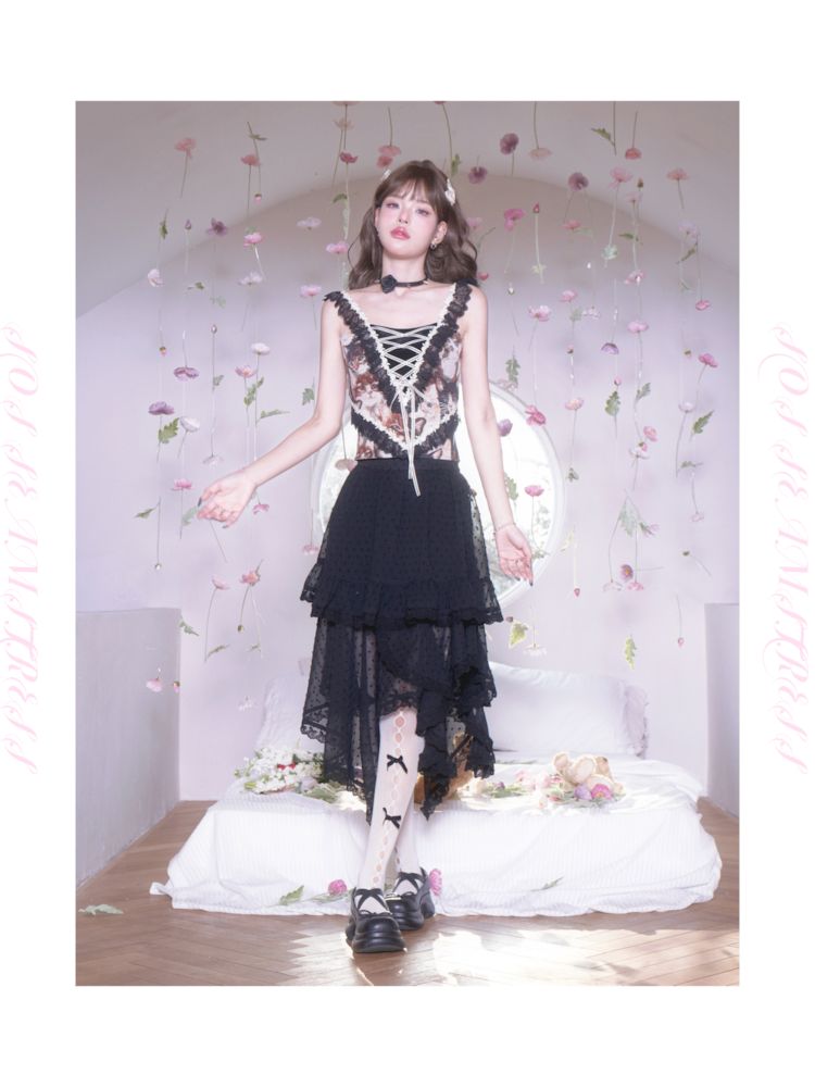 Polka Dot Irregular Hem Lace Ruffle Half Skirt【s0000007872】