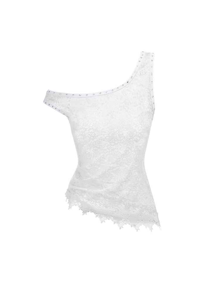 Slant Shoulder Asymmetric Lace See Through Overlay Vest【s0000009708】