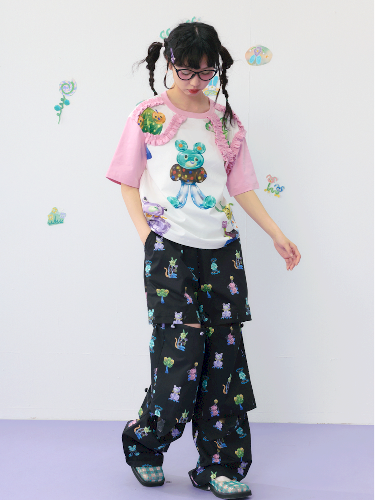 Candy print frilly lace cotton T-shirt【s0000009539】