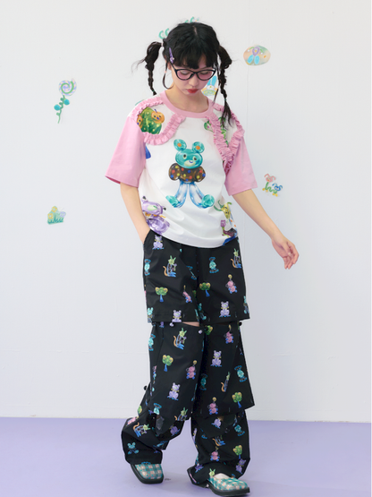 Candy print frilly lace cotton T-shirt【s0000009539】