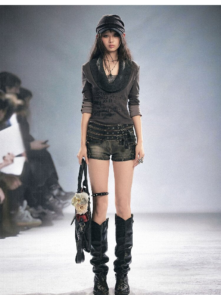 Distressed Metal Buckle Denim Shorts【s0000016285】