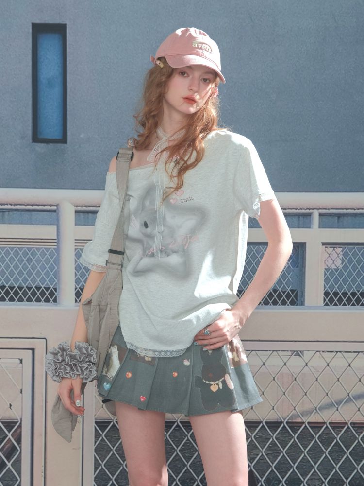 Lace edge large round neck loose short sleeve t-shirt【s0000013373】