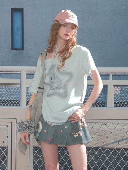 Lace edge large round neck loose short sleeve t-shirt【s0000013373】
