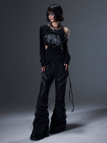 Punk Striped Halter Long-Sleeve T【s0000018003】