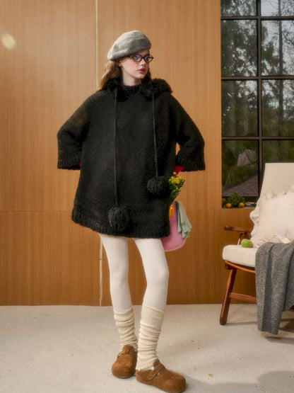 Wool Thick Hooded Fur Collar Knit Cape Skirt【s0000014890】
