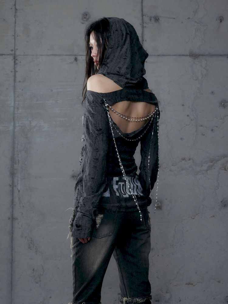 Backless Hooded Long Sleeve Bottom Top【s0000013469】