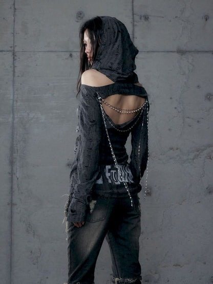 Backless Hooded Long Sleeve Bottom Top【s0000013469】