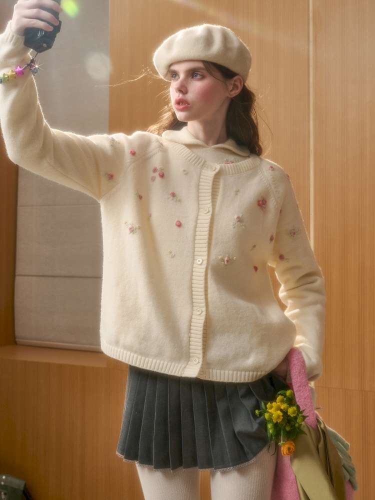 Wool Hand-Embroidered Flower Sweater Cardigan【s0000014891】