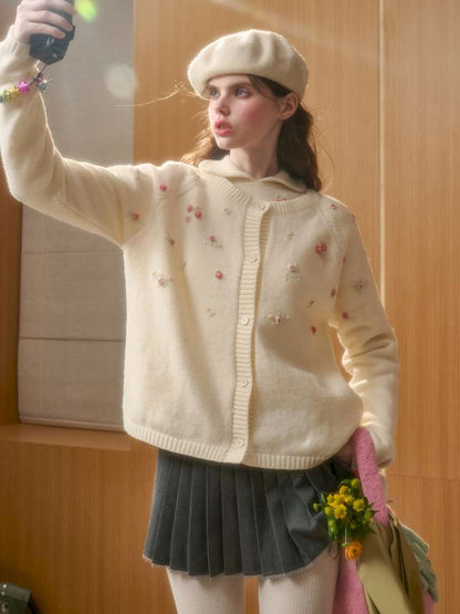Wool Hand-Embroidered Flower Sweater Cardigan【s0000014891】