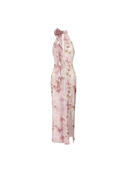 Butterfly Print Slit Tie Long Pink Cheongsam Dress [S0000009726]