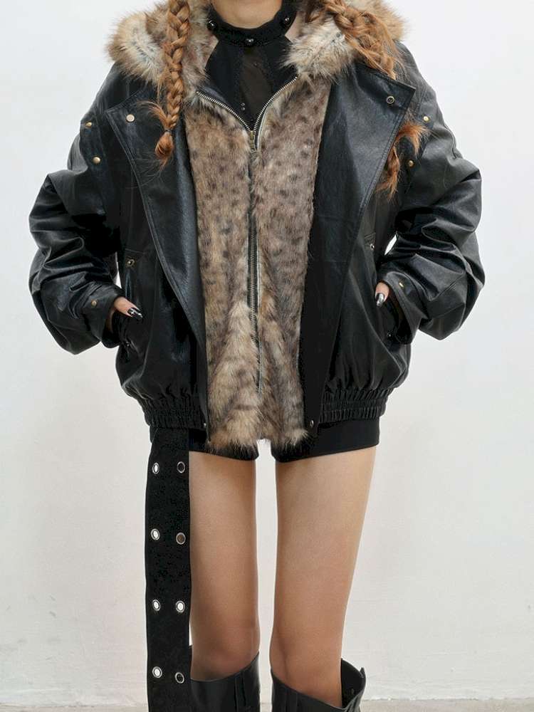 Fur Patchwork Flight Leather Jacket【s0000014838】