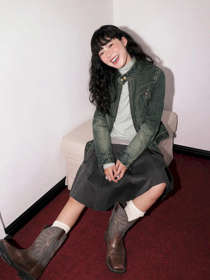 Retro-Washed Distressed Slim-Fit Denim Jacket【s0000013996】