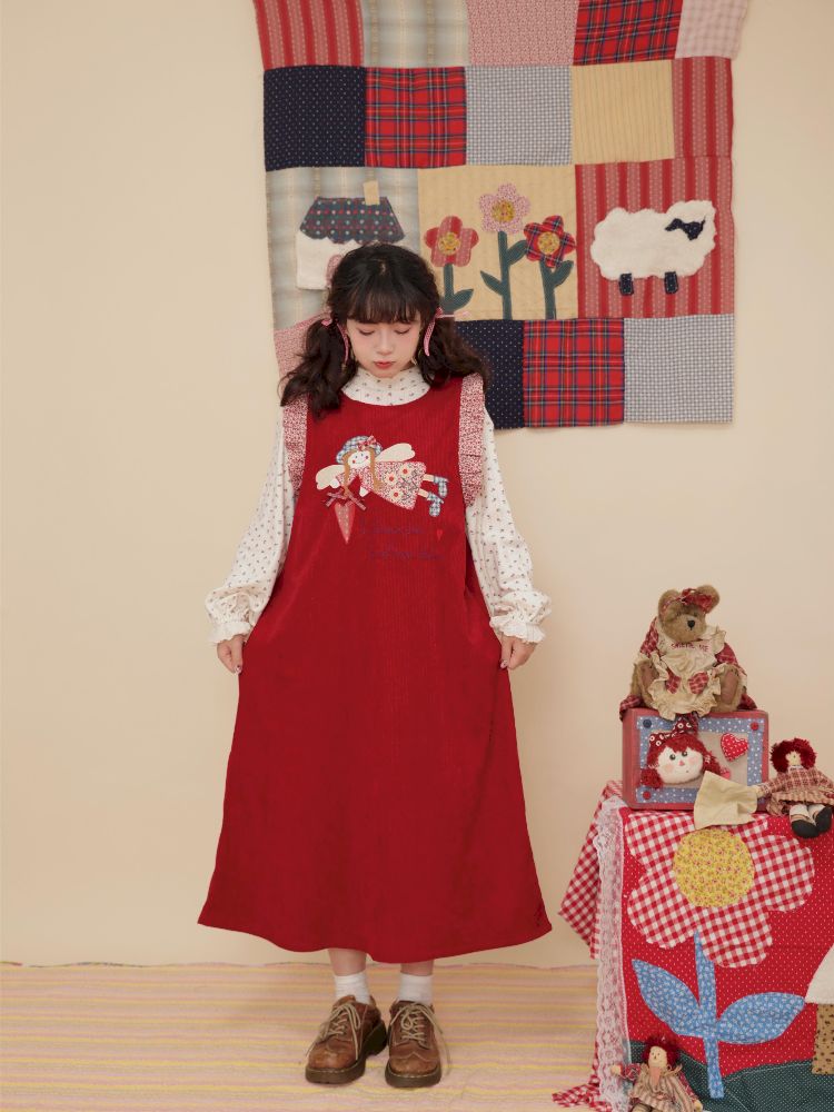 Lace Corduroy Red Vest Dress【s0000010346】