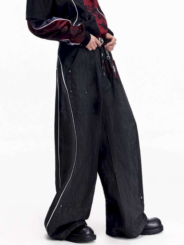Red Trim Wide Leg Cotton Jeans【s0000015172】