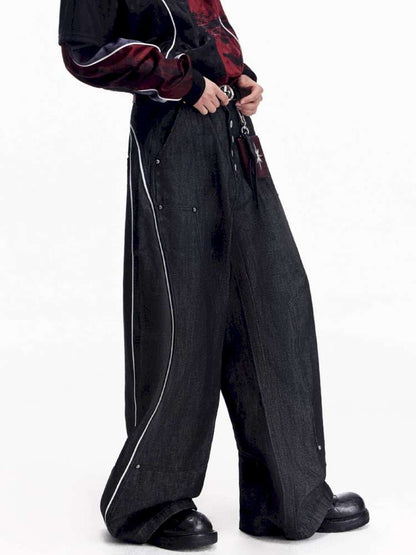 Red Trim Wide Leg Cotton Jeans【s0000015172】