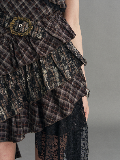 Vintage Patchwork Lace Plaid Dress【s0000017532】