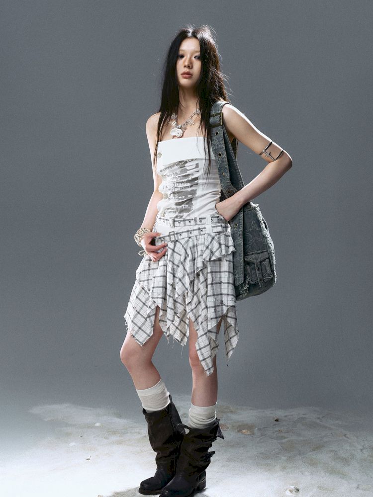 Asymmetrical patchwork plaid strapless dress【s0000012808】
