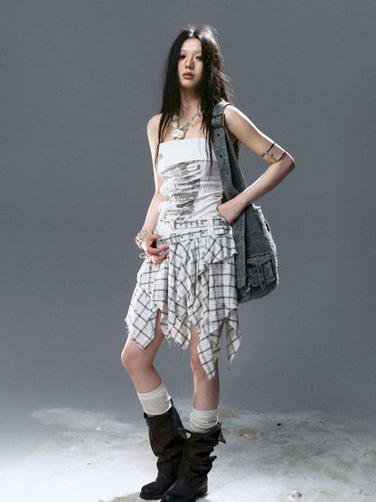 Asymmetrical patchwork plaid strapless dress【s0000012808】