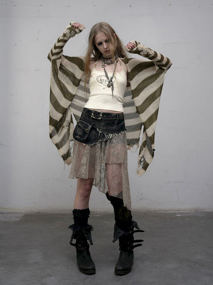 Striped knit loose bat-sleeve sunscreen hoodie【s0000012319】