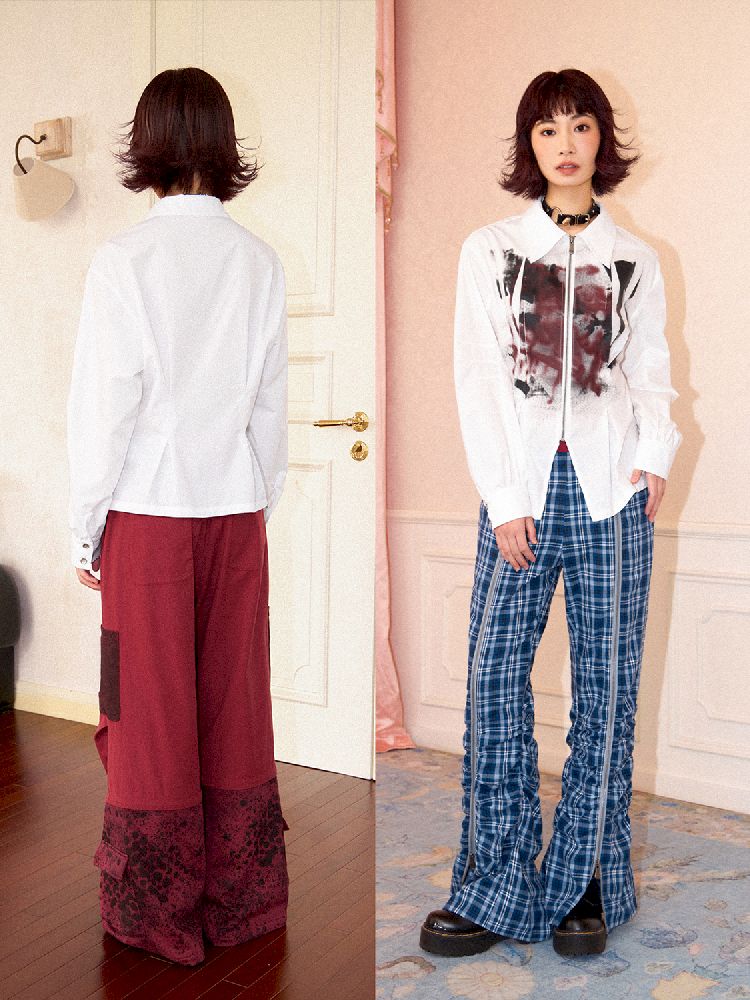 Drop Shoulder Waisted Printed Long Sleeve Shirt【s0000011641】