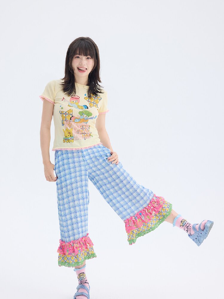 Plaid Patchwork Lace Cropped Pants【s0000017697】
