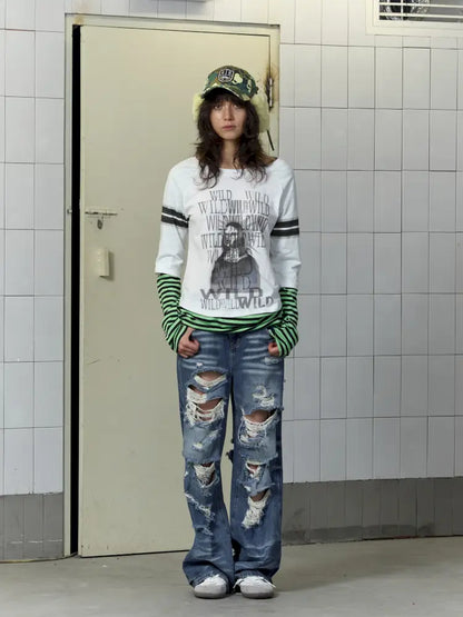 Patchwork Striped Long-Sleeve T-Shirt【s0000014207】