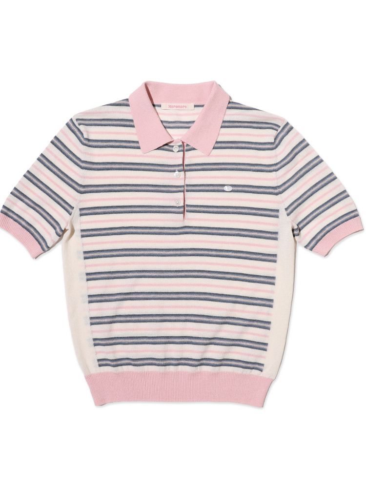 Stripes polo collar short sleeve knit tops【s0000013436】