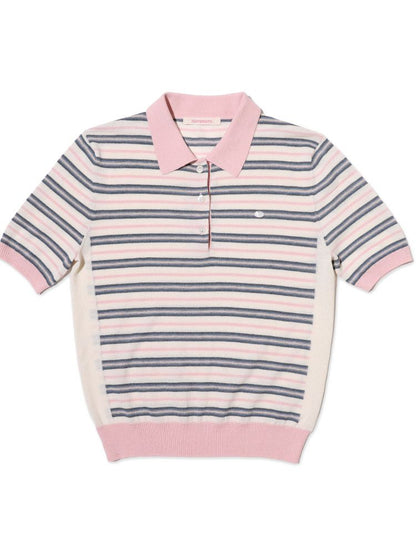 Stripes polo collar short sleeve knit tops【s0000013436】