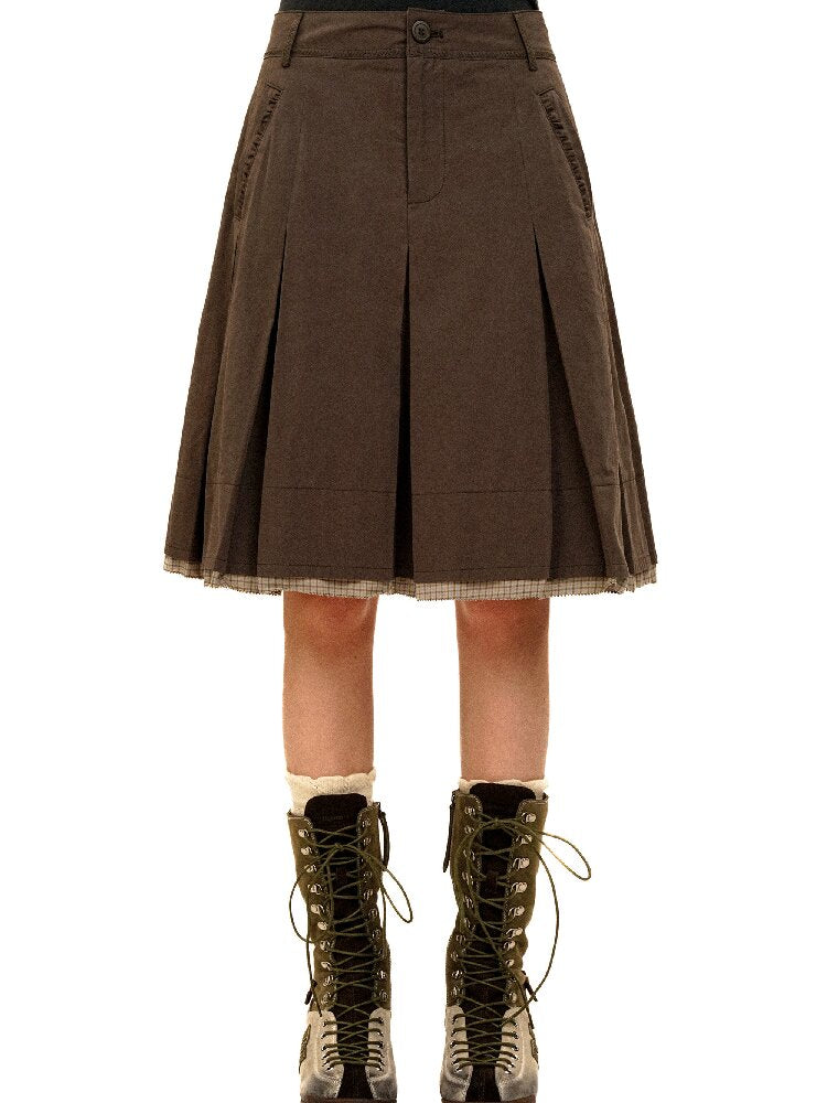 Patchwork Plaid Pleated Midi Skirt【s0000017940】