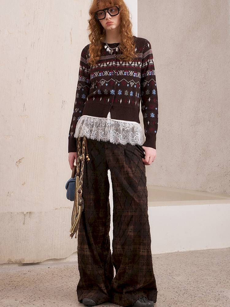 Textured straight leg loose plaid trousers【s0000014384】