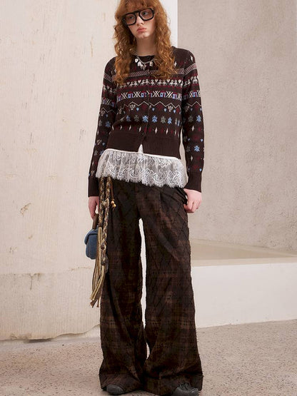 Textured straight leg loose plaid trousers【s0000014384】